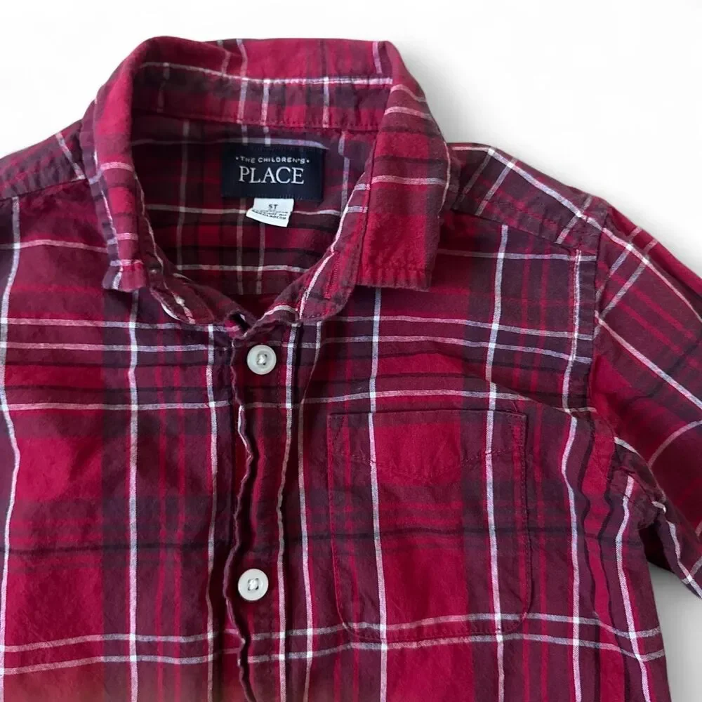 The Children’s Place Boys Red Plaid Button Down Shirt Size 5T 100% Cotton